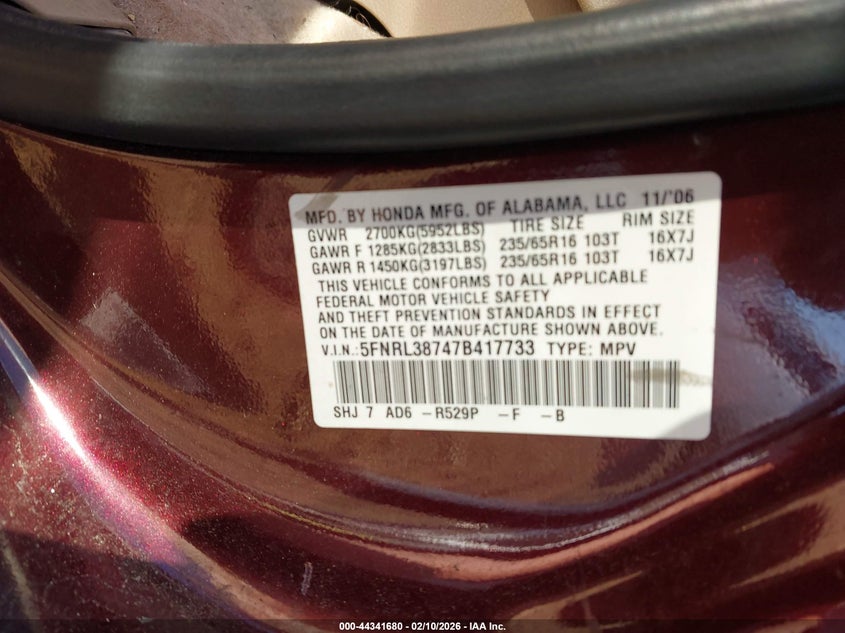 2007 Honda Odyssey Exl VIN: 5FNRL38747B417733 Lot: 44341680