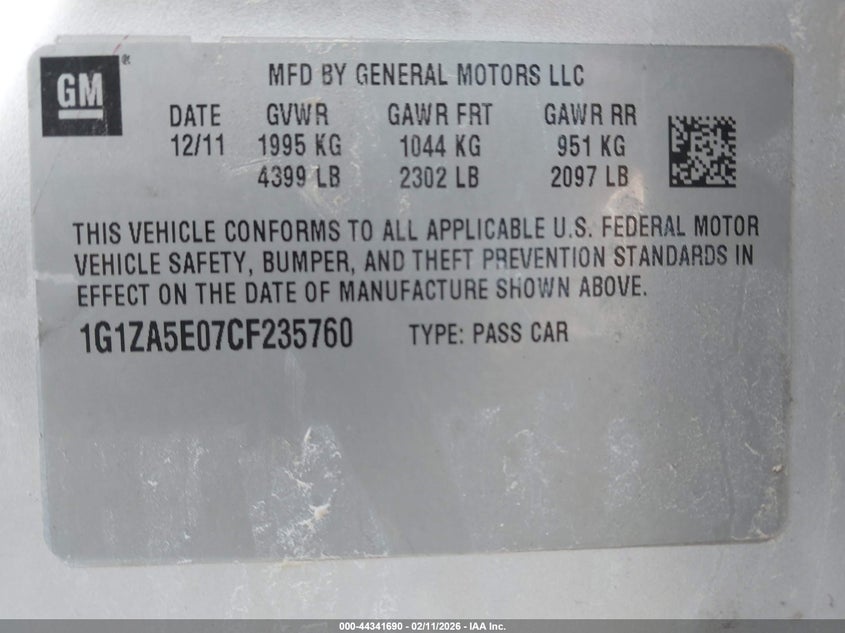 2012 Chevrolet Malibu Ls VIN: 1G1ZA5E07CF235760 Lot: 44341690
