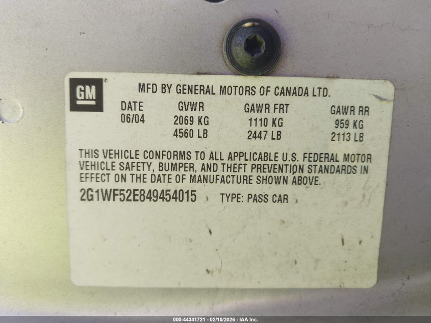 2004 Chevrolet Impala VIN: 2G1WF52E849454015 Lot: 44341721