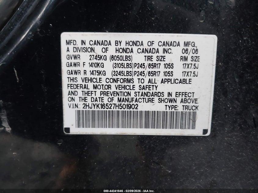 HONDA RIDGELINE 2007 VIN 2HJYK16527H501902