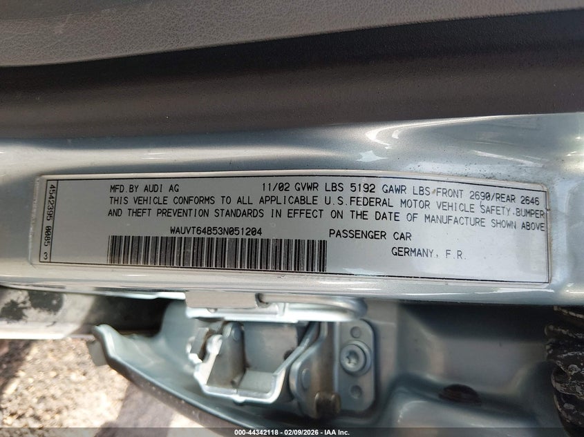 2003 Audi A6 Avant VIN: WAUVT64B53N051204 Lot: 44342118