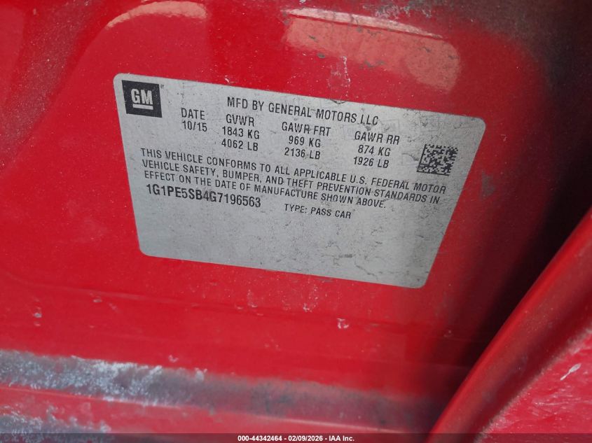 2016 Chevrolet Cruze Limited 1Lt Auto VIN: 1G1PE5SB4G7196563 Lot: 44342464