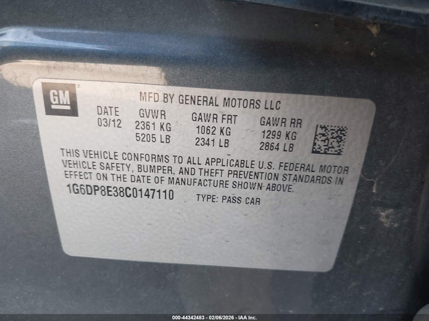 2012 Cadillac Cts Premium VIN: 1G6DP8E38C0147110 Lot: 44342483