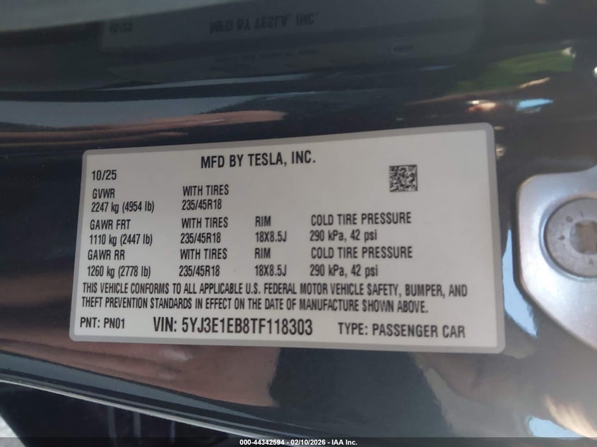 2026 Tesla Model 3 Premium All-Wheel Drive VIN: 5YJ3E1EB8TF118303 Lot: 44342594