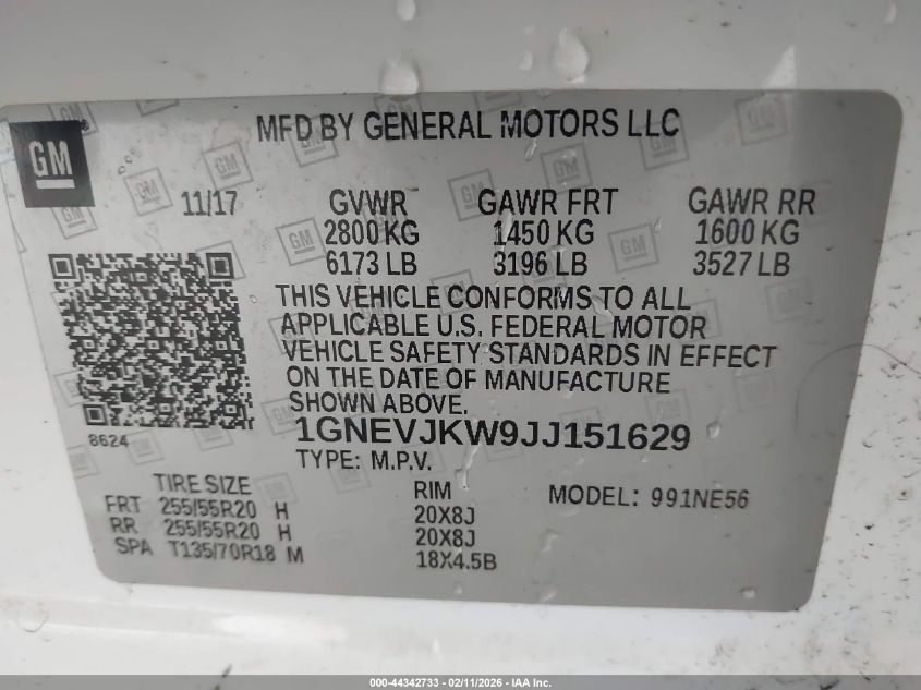 2018 Chevrolet Traverse Premier VIN: 1GNEVJKW9JJ151629 Lot: 44342733