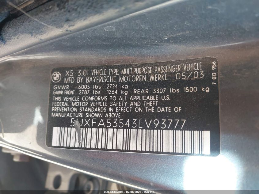 2003 BMW X5 3.0I VIN: 5UXFA53543LV93777 Lot: 44342808