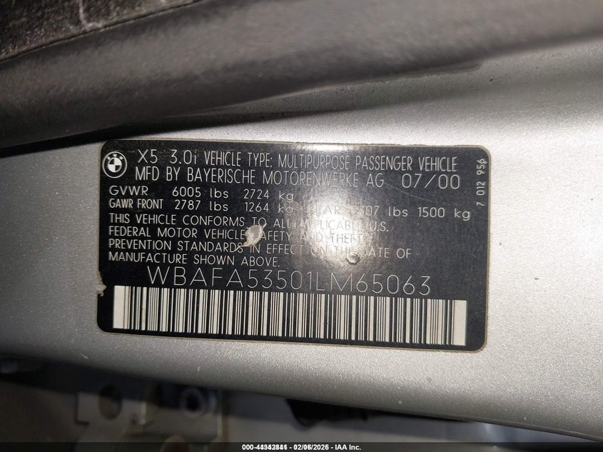 2001 BMW X5 3.0 VIN: WBAFA53501LM65063 Lot: 44342841