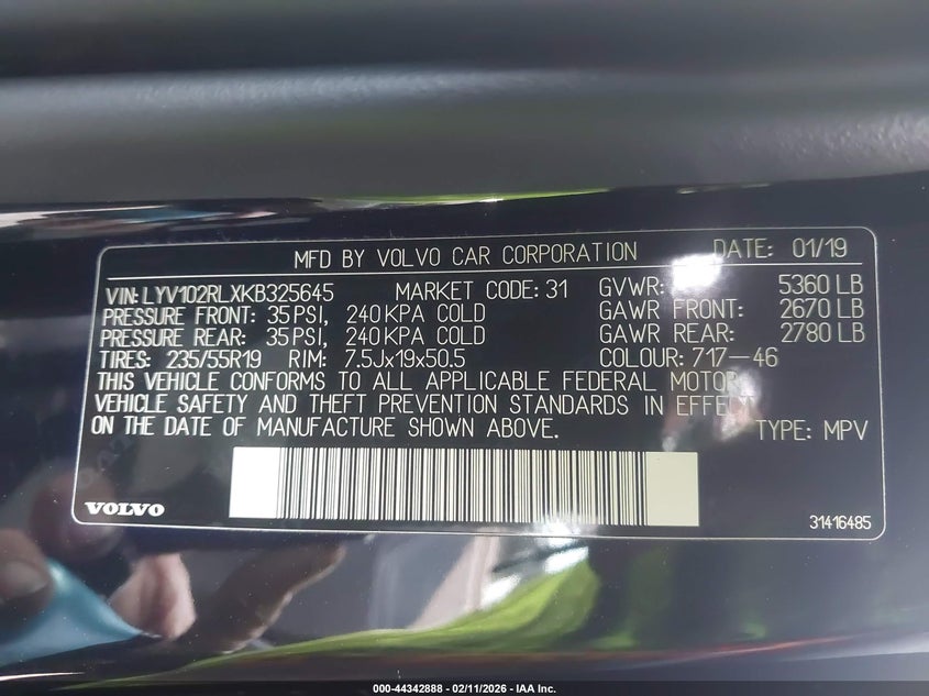 2019 Volvo Xc60 T5 Inscription VIN: LYV102RLXKB325645 Lot: 44342888