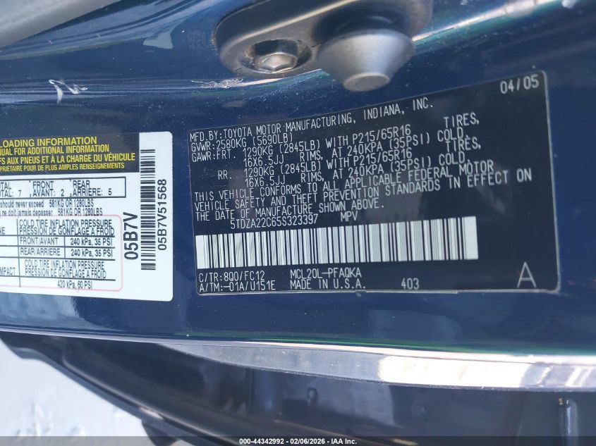 2005 Toyota Sienna Xle VIN: 5TDZA22C65S323397 Lot: 44342992