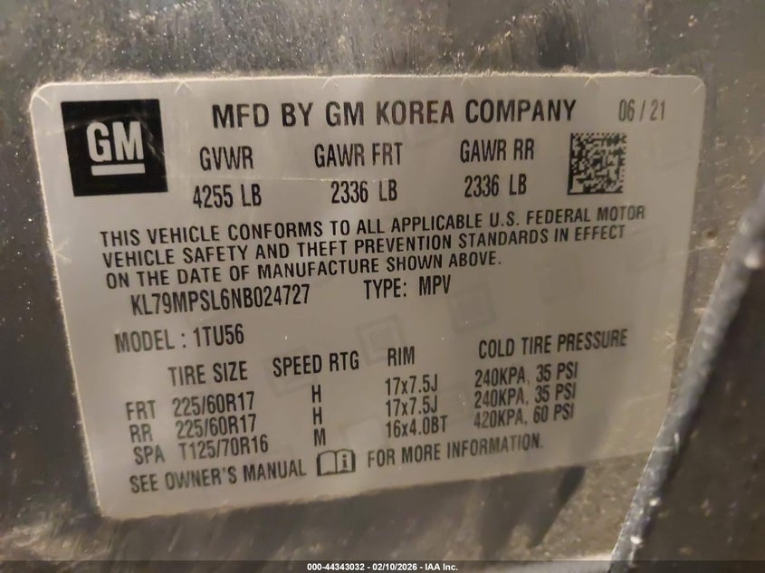 2022 Chevrolet Trailblazer Fwd Lt VIN: KL79MPSL6NB024727 Lot: 44343032