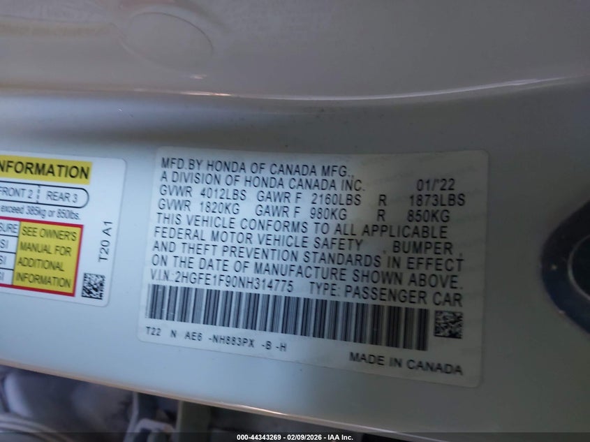 2022 HONDA CIVIC 1.5L I-4 DI, DOHC, V(VIN: 2HGFE1F90NH314775