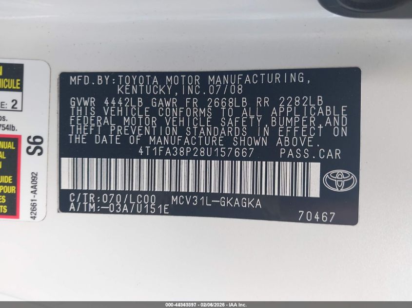 2008 Toyota Camry Solara Sle VIN: 4T1FA38P28U157667 Lot: 44343397