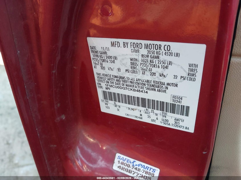 2012 Ford Escape 3.0 Xlt red Lot 111044343561 Vin 1FMCU0DG7CKB48434