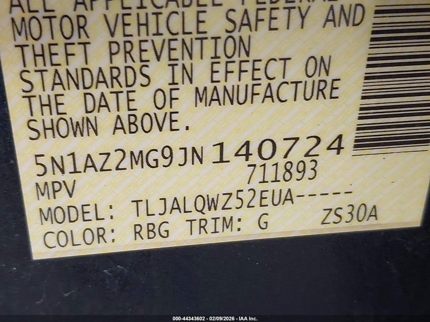 2018 Nissan Murano Sv VIN: 5N1AZ2MG9JN140724 Lot: 44343602