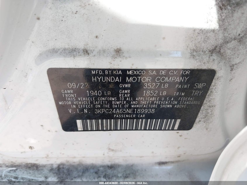 2022 HYUNDAI ACCENT 1.6L I-4 DI, DOHC, V(VIN: 3KPC24A65NE189938