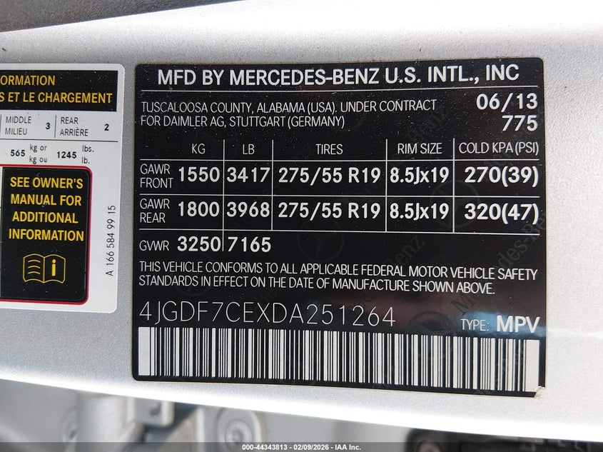 2013 Mercedes-Benz Gl-Class Gl 450 VIN: 4JGDF7CEXDA251264 Lot: 44343813