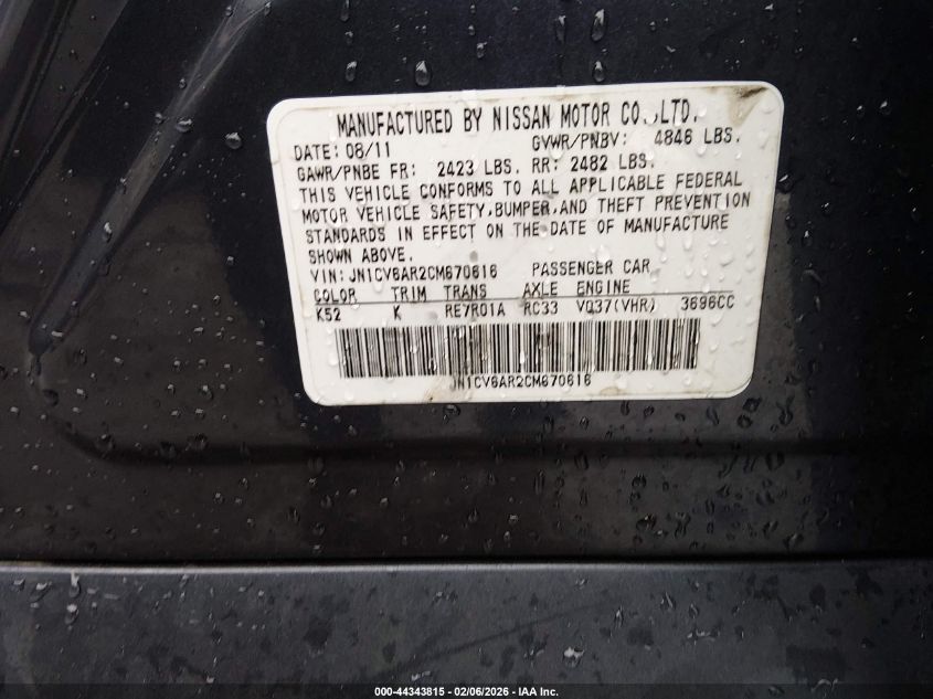 2012 Infiniti G37X VIN: JN1CV6AR2CM670616 Lot: 44343815