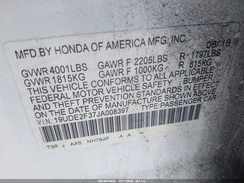 2018 Acura Ilx Acurawatch Plus Package VIN: 19UDE2F37JA008397 Lot: 44344067