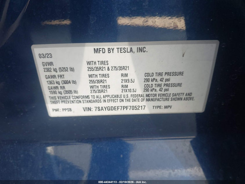 2023 Tesla Model Y Performance Dual Motor All-Wheel Drive VIN: 7SAYGDEF7PF705217 Lot: 44344113