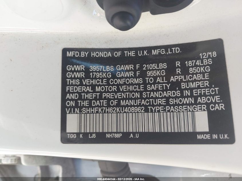 2019 Honda Civic Ex VIN: SHHFK7H62KU408962 Lot: 44344144