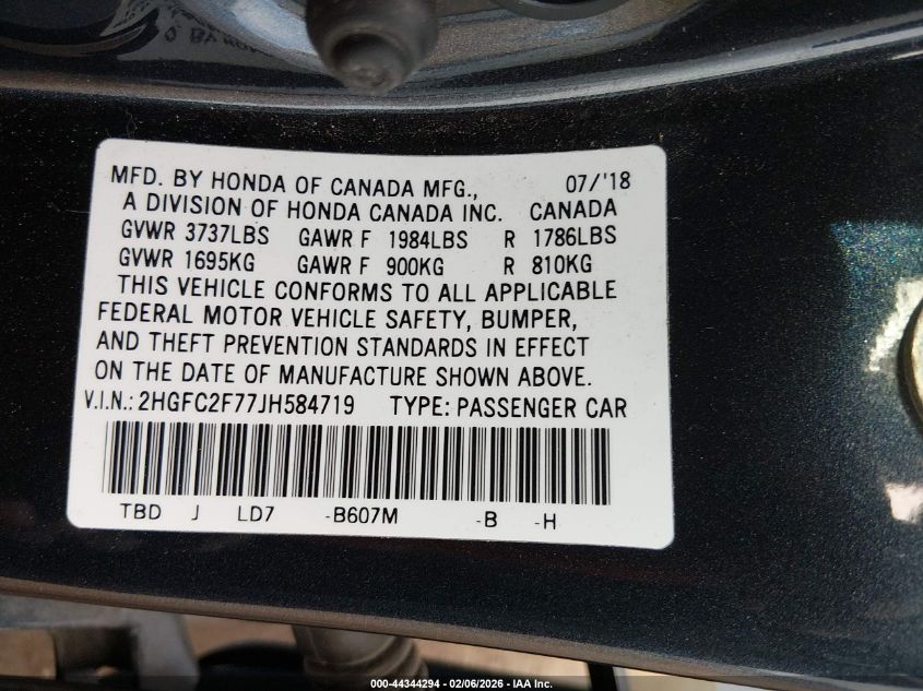2018 Honda Civic Ex VIN: 2HGFC2F77JH584719 Lot: 44344294