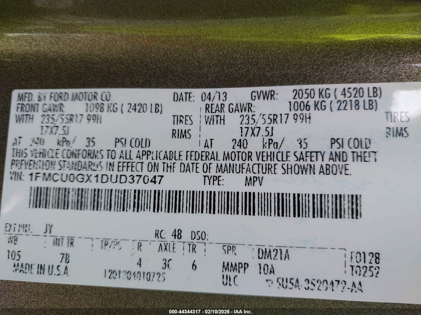 2013 Ford Escape Se VIN: 1FMCU0GX1DUD37047 Lot: 44344317