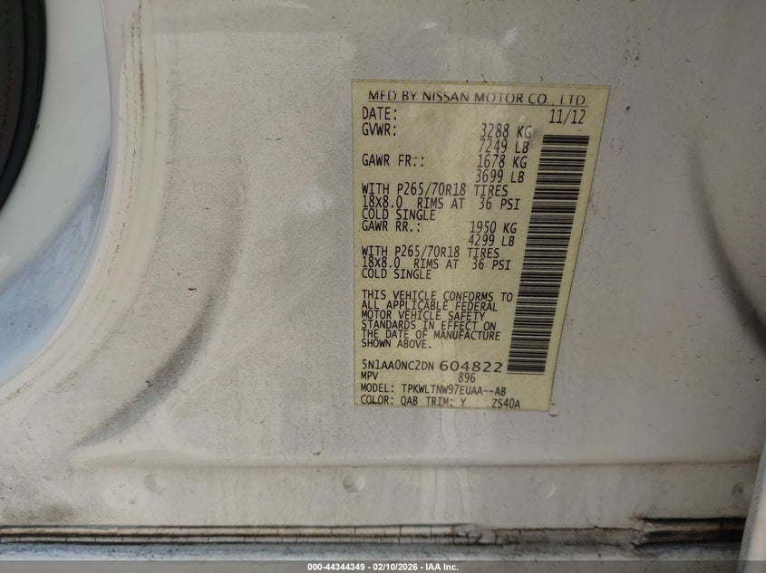 2013 Nissan Armada Sv VIN: 5N1AA0NC2DN604822 Lot: 44344349