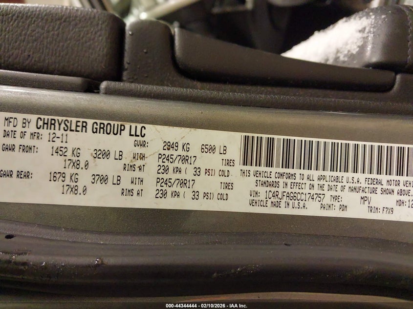 2012 Jeep Grand Cherokee Laredo VIN: 1C4RJFAG6CC174757 Lot: 44344444