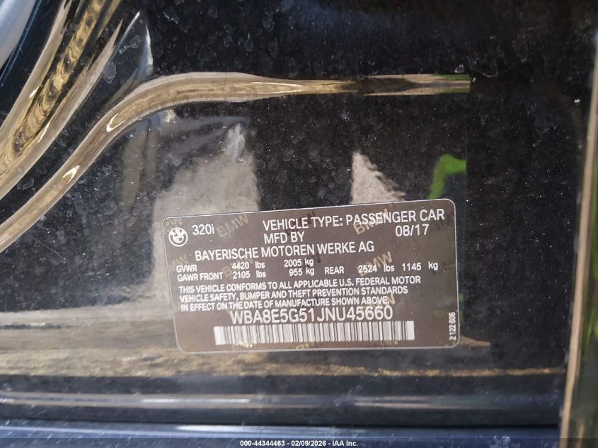2018 BMW 320I xDrive VIN: WBA8E5G51JNU45660 Lot: 44344463