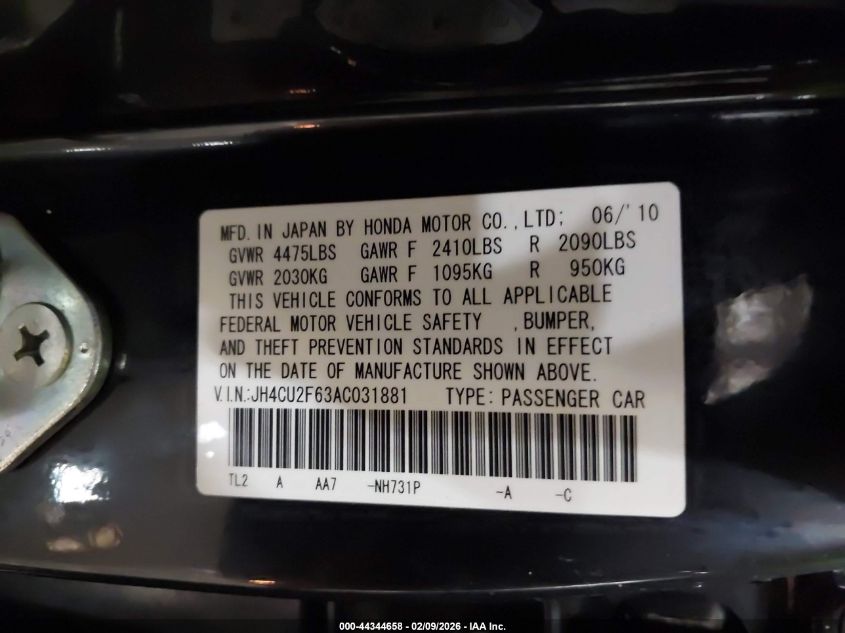 2010 Acura Tsx 2.4 VIN: JH4CU2F63AC031881 Lot: 44344658