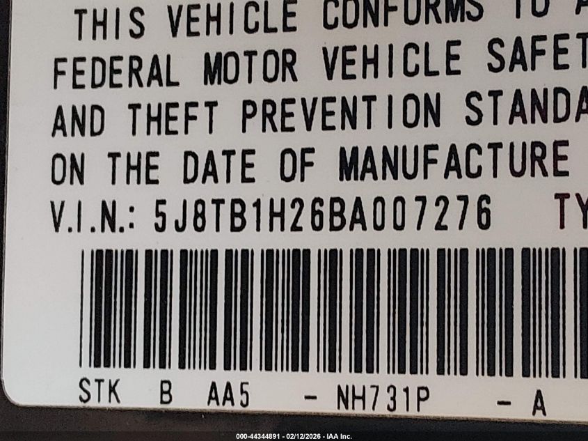 2011 Acura Rdx VIN: 5J8TB1H26BA007276 Lot: 44344891