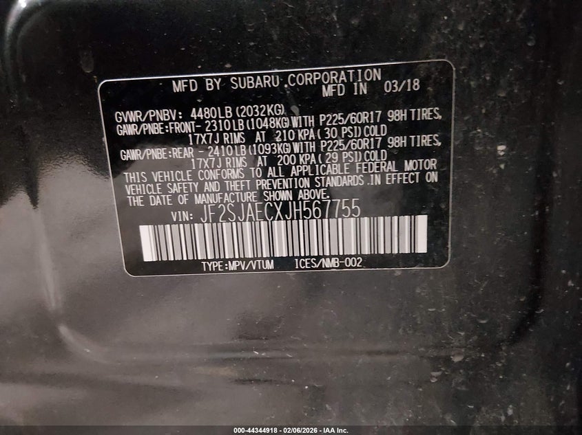 2018 Subaru Forester 2.5I Premium VIN: JF2SJAECXJH567755 Lot: 44344918