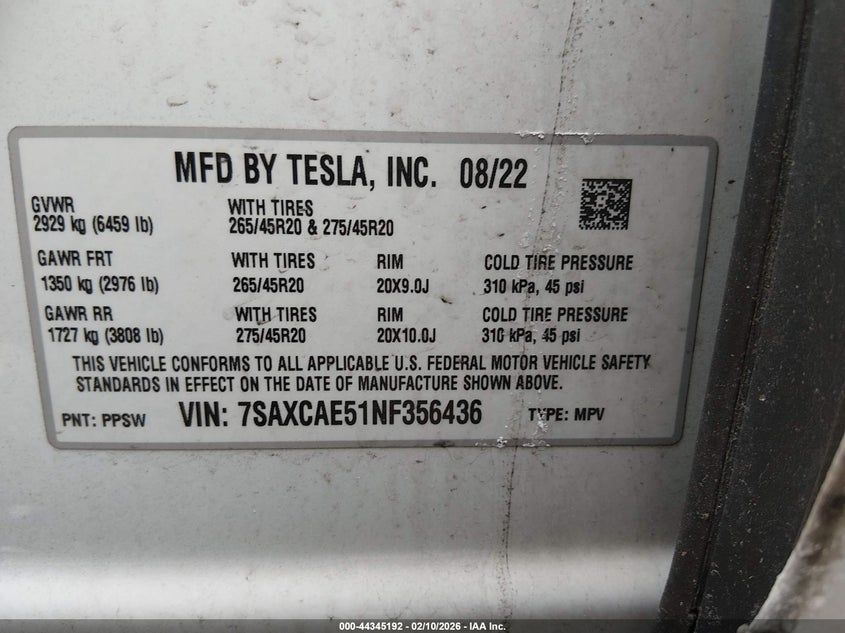 2022 Tesla Model X Dual Motor All-Wheel Drive VIN: 7SAXCAE51NF356436 Lot: 44345192
