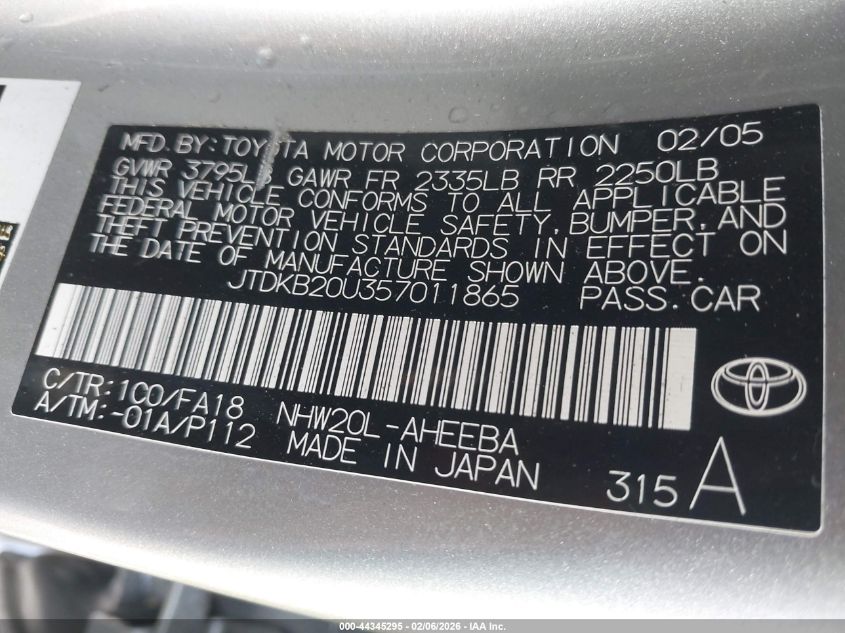 2005 Toyota Prius VIN: JTDKB20U357011865 Lot: 44345295