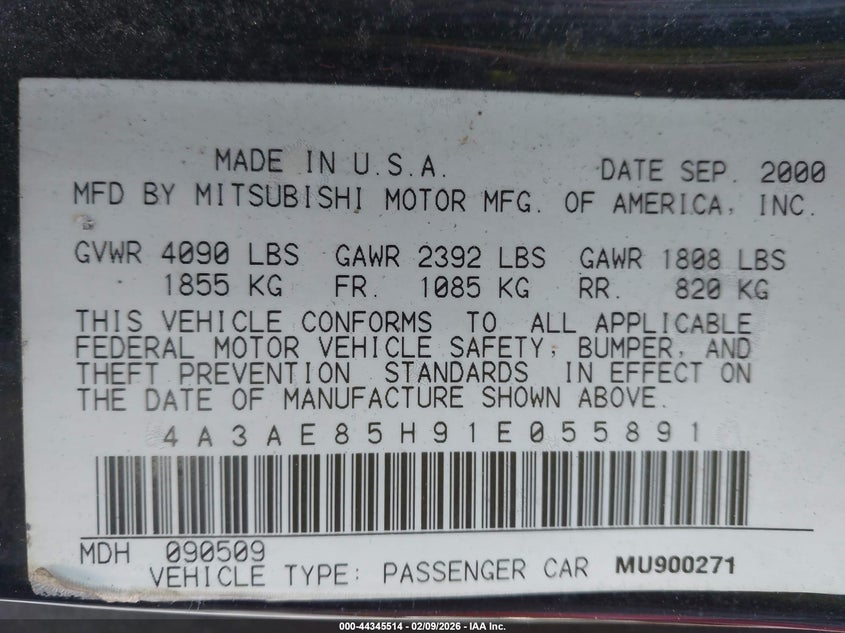 2001 Mitsubishi Eclipse Spyder Gt VIN: 4A3AE85H91E055891 Lot: 44345514