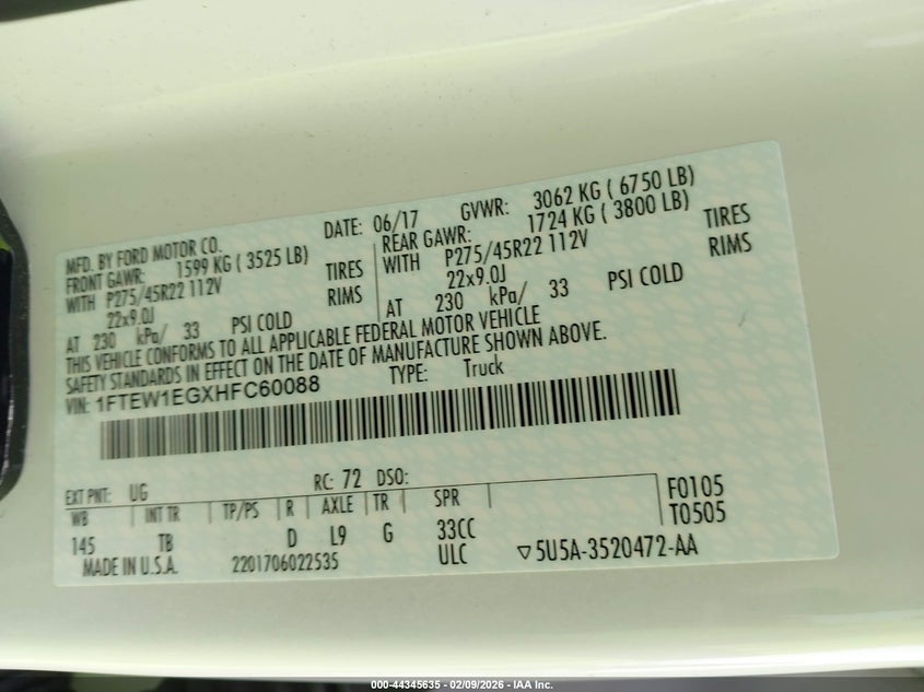 2017 Ford F-150 Limited VIN: 1FTEW1EGXHFC60088 Lot: 44345635