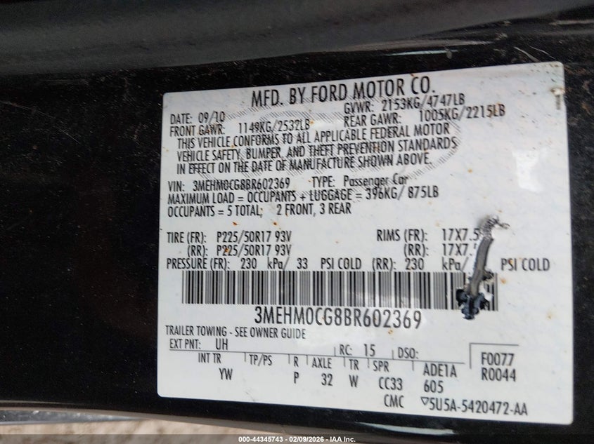 2011 Mercury Milan Premier VIN: 3MEHM0CG8BR602369 Lot: 44345743