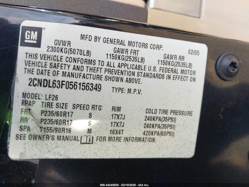 2005 Chevrolet Equinox Lt VIN: 2CNDL63F056156349 Lot: 44345850