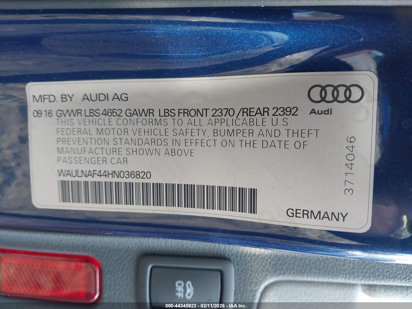 2017 Audi A4 2.0T Premium VIN: WAULNAF44HN036820 Lot: 44345922