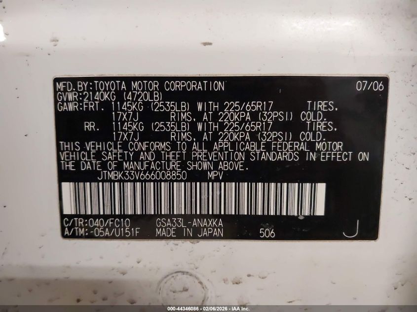 2006 Toyota Rav4 Base V6 VIN: JTMBK33V666008850 Lot: 44346086