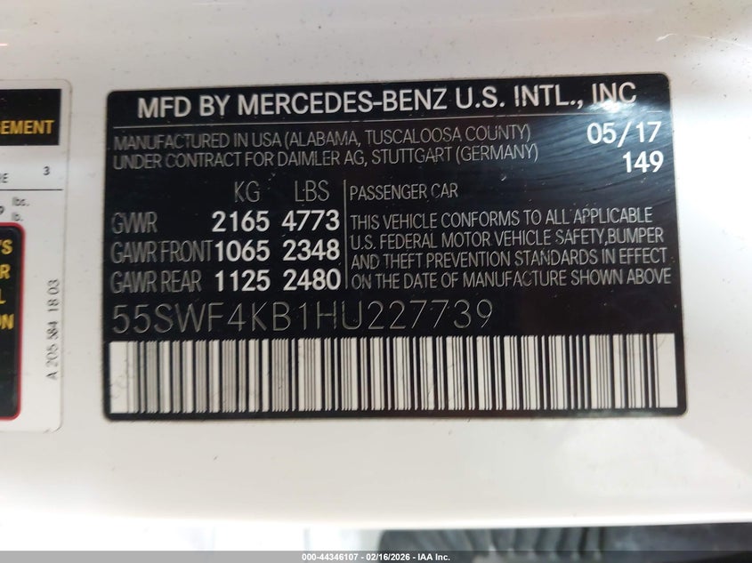 2017 Mercedes-Benz C 300 4Matic VIN: 55SWF4KB1HU227739 Lot: 44346107