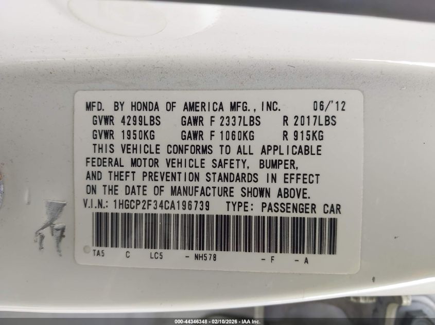 2012 Honda Accord 2.4 Lx VIN: 1HGCP2F34CA196739 Lot: 44346348