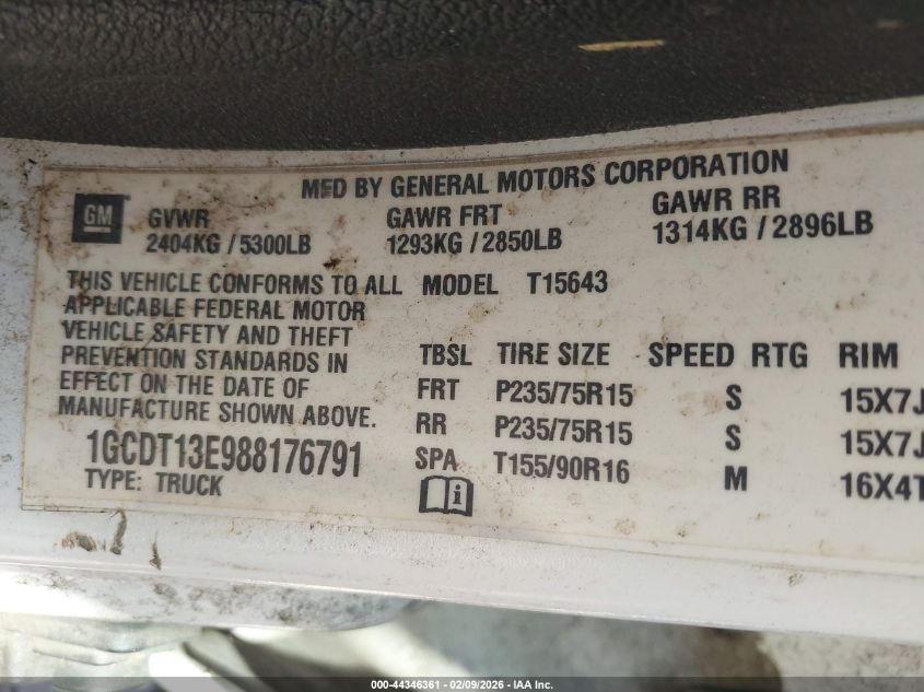 2008 Chevrolet Colorado Lt VIN: 1GCDT13E988176791 Lot: 44346361
