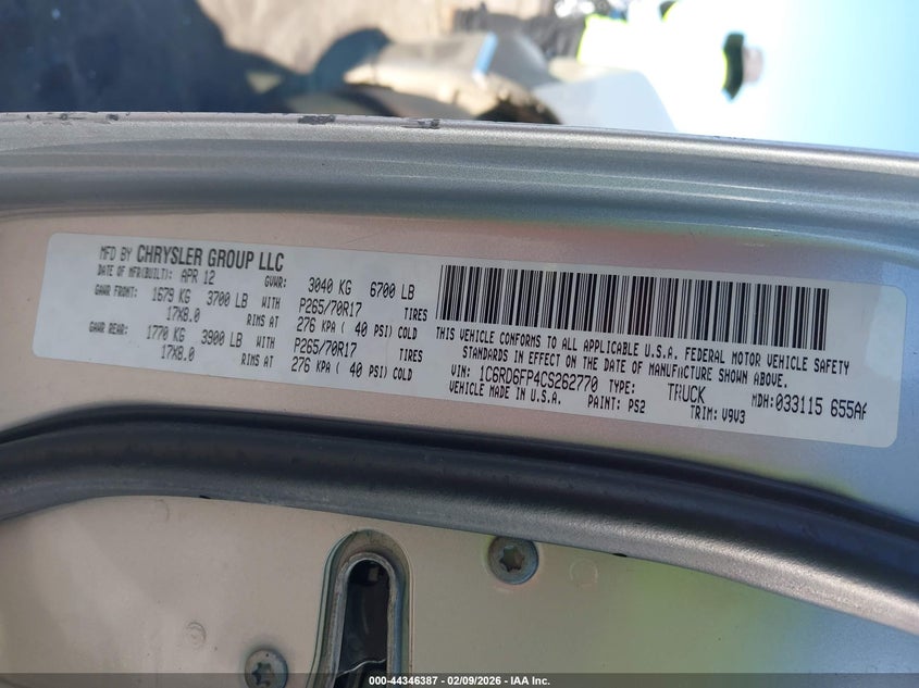 2012 Ram 1500 St VIN: 1C6RD6FP4CS262770 Lot: 44346387