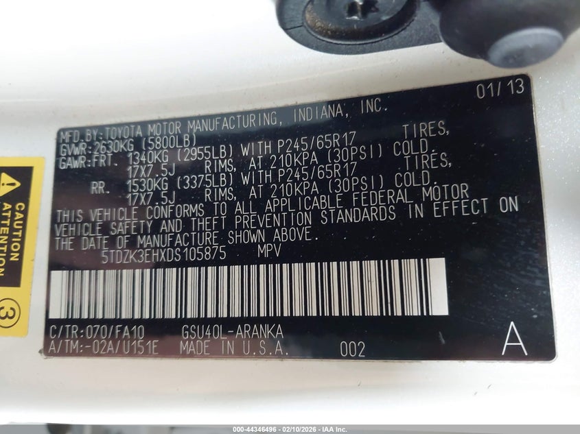 2013 Toyota Highlander Base Plus V6 VIN: 5TDZK3EHXDS105875 Lot: 44346496