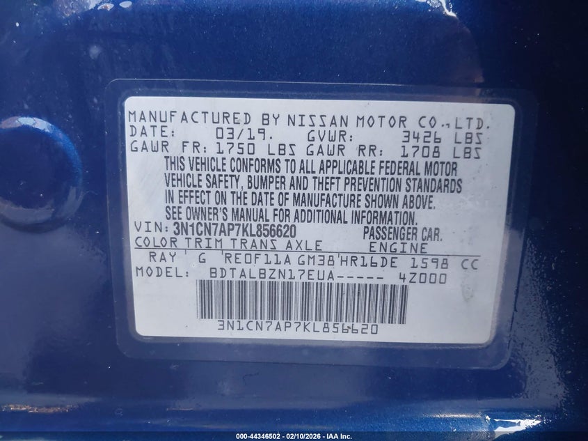 2019 Nissan Versa 1.6 Sv VIN: 3N1CN7AP7KL856620 Lot: 44346502