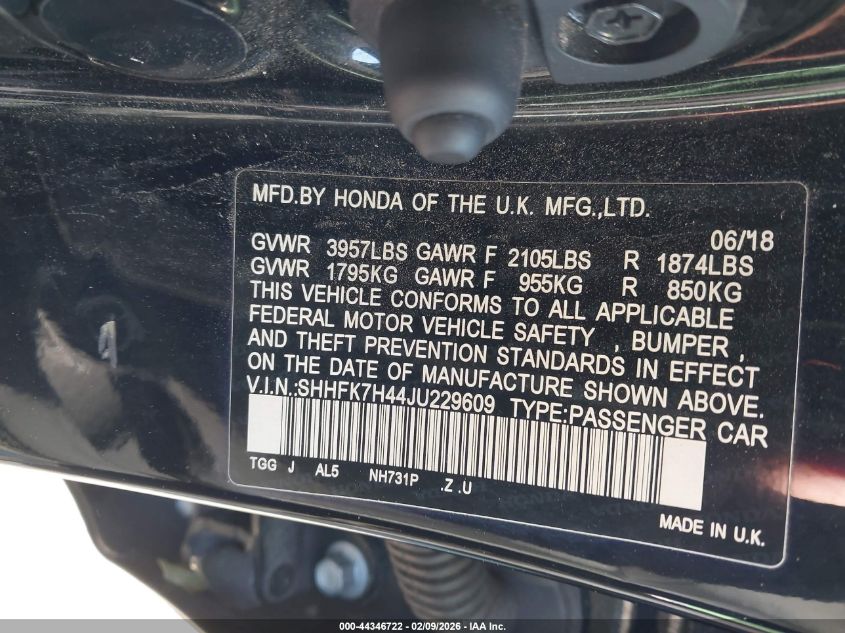 2018 Honda Civic Sport VIN: SHHFK7H44JU229609 Lot: 44346722