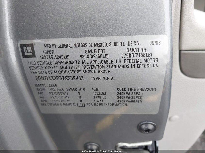 2007 Chevrolet Hhr Lt VIN: 3GNDA33P37S539943 Lot: 44346852