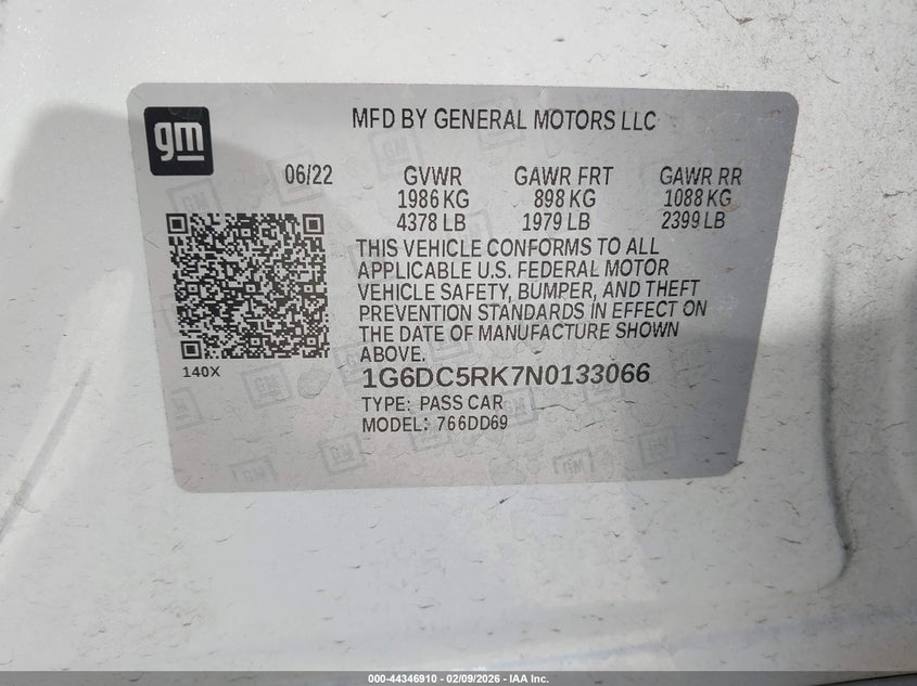 2022 Cadillac Ct4 Sport VIN: 1G6DC5RK7N0133066 Lot: 44346910