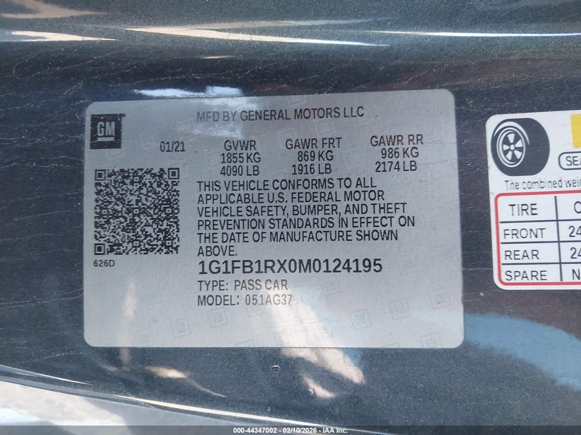 2021 Chevrolet Camaro VIN: 1G1FB1RX0M0124195 Lot: 44347002